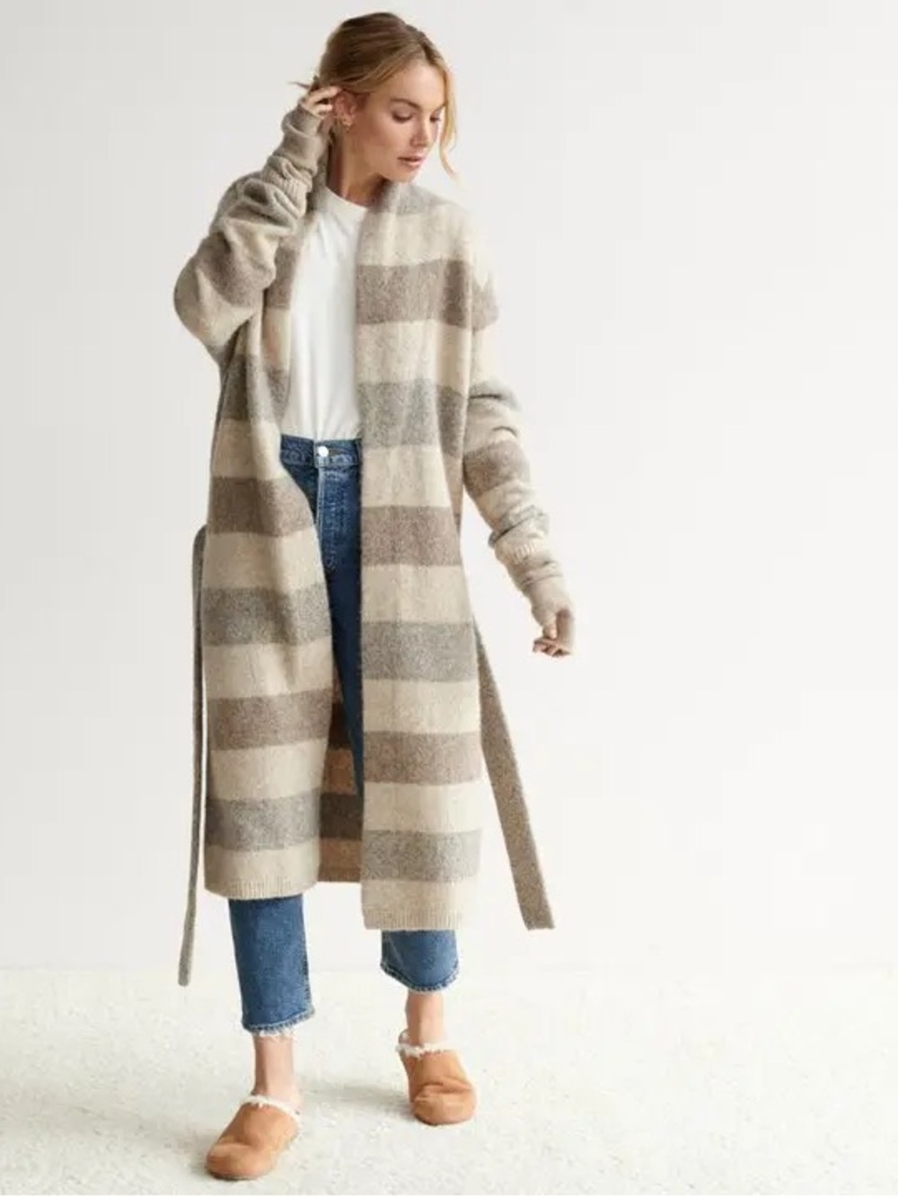 Jenni Kayne Striped Yak Alpaca Blend Belted Cardigan Coat Size XS